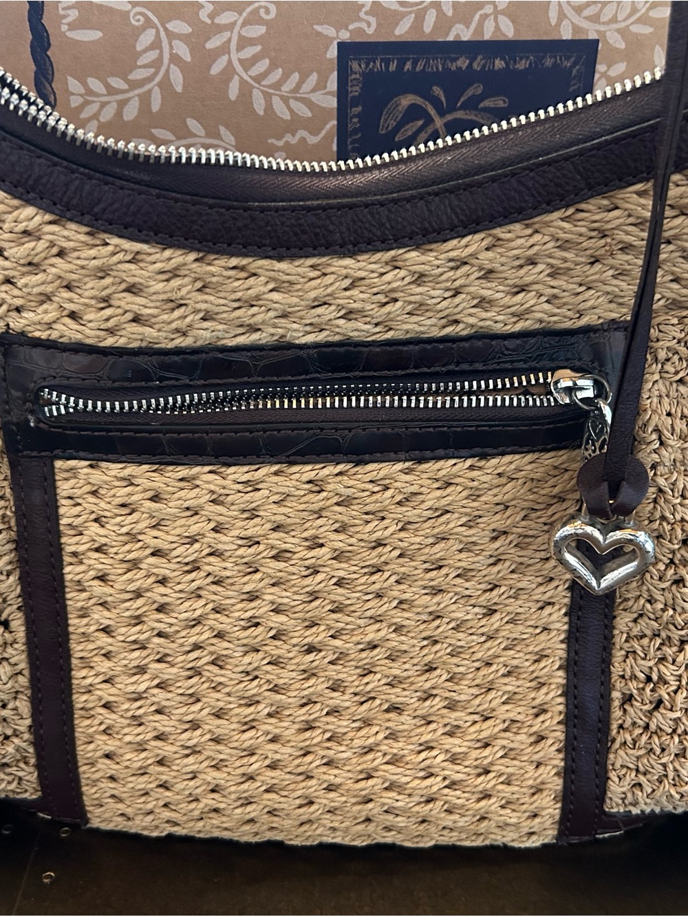 Brighton Natural Woven Shoulder Bag with Dark Brown Trim and Heart Charm
